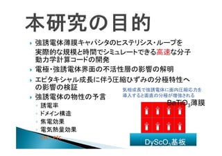 





強誘電体薄膜キャパシタのヒステリシス・ループを
実際的な規模と時間でシミュレートできる高速な分子
動力学計算コードの開発
電極・強誘電体界面の不活性層の影響の解明
エピタキシャル成長に伴う圧縮ひずみの分極特性へ
の影響の検証
気相成長で強誘電体に面内圧縮応力を
導入すると面直の分極が増強される
強誘電体の物性の予言
BaTiO3薄膜
◦ 誘電率
◦
◦
◦
◦

ドメイン構造
焦電効果
電気熱量効果
etc, etc…

DyScO3基板

 
