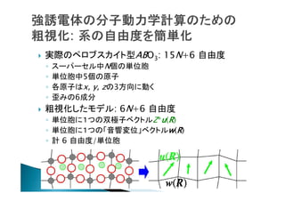 

実際のペロブスカイト型ABO3: 15N+6 自由度
◦
◦
◦
◦



スーパーセル中N個の単位胞
単位胞中5個の原子
各原子はx, y, zの3方向に動く
歪みの6成分

粗視化したモデル: 6N+6 自由度

◦ 単位胞に１つの双極子ベクトルZ*u(R)
◦ 単位胞に１つの「音響変位」ベクトルw(R)
◦ 計 6 自由度/単位胞

 