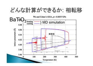 どんな計算ができるか: 相転移
BaTiO3

} MD simulation
実験値

 