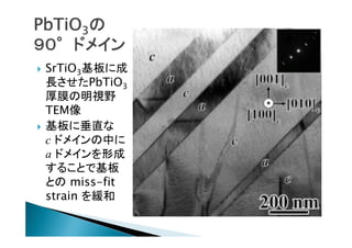 PbTiO3の
９０°ドメイン




SrTiO3基板に成
長させたPbTiO3
厚膜の明視野
TEM像
基板に垂直な
c ドメインの中に
a ドメインを形成
することで基板
との miss-fit
strain を緩和

 