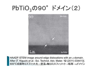 PbTiO3の９０°ドメイン（２）

HAADF-STEM image around edge dislocations with an a-domain.
After [T. Kiguchi et al.: Sci. Technol. Adv. Mater. 12 (2011) 034413].
600℃成膜時ミスフィット大→室温a軸はミスフィット小→転移→aドメイン

 