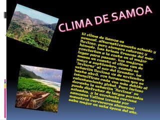 CLIMA DE SAMOAEl clima de Samoa es sensual, alternativamente soleado y lluvioso, pero siempre caluroso y húmedo. Las brisas frescas del mar convierten a la costa en el mejor lugar para pasear. Los mejores meses en cuanto al clima van de mayo a septiembre, cuando es "invierno" al sur del Ecuador. La estación lluviosa va de noviembre hasta abril, con huracanes que se intensifican cada vez más debido al calentamiento global. Pero incluso durante la estación "lluviosa" se puede disfrutar de largos períodos soleados, y la excelente cerveza samoana Valima (creada por maestros cerveceros alemanes) sabe mejor en esta época del año.