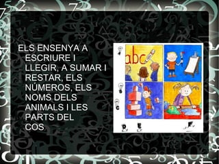 ELS ENSENYA A ESCRIURE I LLEGIR, A SUMAR I RESTAR, ELS NÚMEROS, ELS NOMS DELS ANIMALS I LES PARTS DEL  COS  