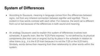 System of Differences
● According to Saussure, meaning in language comes from the differences between
signs, not from any inherent connection between signifier and signified. This is
evident in how words contrast with each other. For instance, the word cat is different
from cut or bat because of the differences in both sound and meaning.
● An analogy Saussure used to explain this system of differences involves train
schedules. A specific train, like the "8:25 Paris express," is not defined by its physical
components (the train cars or engine) but by its place in the schedule in relation to
other trains (e.g., it is the 8:25 train because it is not the 7:25 or the 9:25 train).
Similarly, words derive their meaning from their relationship to other words within the
system.
 