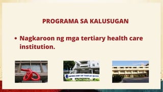 Nagkaroon ng mga tertiary health care
institution.
PROGRAMA SA KALUSUGAN
 
