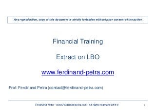 1Ferdinand Petra – www.Ferdinand-petra.com – All rights reserved 2018 ©
Financial Training
Extract on LBO
www.ferdinand-petra.com
Prof: Ferdinand Petra (contact@ferdinand-petra.com)
Any reproduction, copy of this document is strictly forbidden without prior consent of the author
 