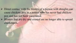  Direct contact with the blisters of a person with shingles can
cause chicken- pox in a person who has never had chicken-
pox and has not been vaccinated.
 Blisters that are dry and crusted are no longer able to spread
chickenpox.
 