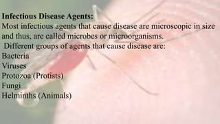 Infectious Disease Agents:
Most infectious agents that cause disease are microscopic in size
and thus, are called microbes or microorganisms.
Different groups of agents that cause disease are:
Bacteria
Viruses
Protozoa (Protists)
Fungi
Helminths (Animals)
 