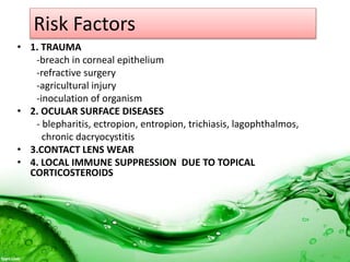 Risk Factors
• 1. TRAUMA
-breach in corneal epithelium
-refractive surgery
-agricultural injury
-inoculation of organism
• 2. OCULAR SURFACE DISEASES
- blepharitis, ectropion, entropion, trichiasis, lagophthalmos,
chronic dacryocystitis
• 3.CONTACT LENS WEAR
• 4. LOCAL IMMUNE SUPPRESSION DUE TO TOPICAL
CORTICOSTEROIDS
 