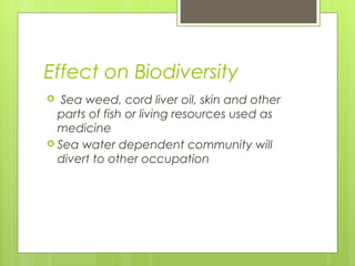 Effect on Biodiversity
 Sea weed, cord liver oil, skin and other
parts of fish or living resources used as
medicine
 Sea water dependent community will
divert to other occupation
 