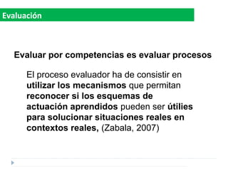 Evaluar por competencias es evaluar procesos
El proceso evaluador ha de consistir en
utilizar los mecanismos que permitan
reconocer si los esquemas de
actuación aprendidos pueden ser útilies
para solucionar situaciones reales en
contextos reales, (Zabala, 2007)
Evaluación
 