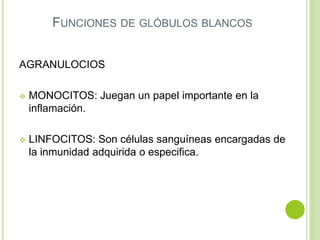 AGRANULOCIOS
 MONOCITOS: Juegan un papel importante en la
inflamación.
 LINFOCITOS: Son células sanguíneas encargadas de
la inmunidad adquirida o especifica.
FUNCIONES DE GLÓBULOS BLANCOS
 