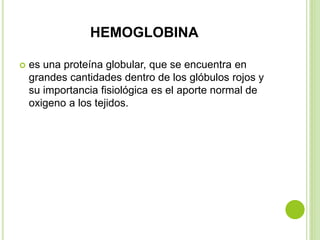  es una proteína globular, que se encuentra en
grandes cantidades dentro de los glóbulos rojos y
su importancia fisiológica es el aporte normal de
oxigeno a los tejidos.
HEMOGLOBINA
 