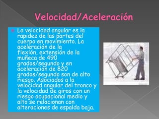 Velocidad/AceleraciónLa velocidad angular es la rapidez de las partes del cuerpo en movimiento. La aceleración de la flexión, extensión de la muñeca de 490 grados/segundo y en aceleración de 820 grados/segundo son de alto riesgo. Asociados a la velocidad angular del tronco y la velocidad de giros con un riesgo ocupacional medio y alto se relacionan con alteraciones de espalda baja.