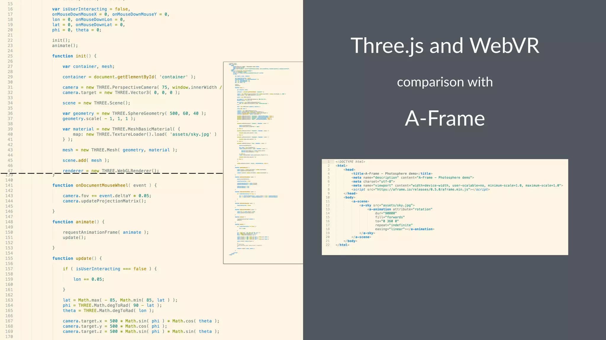 Three.js and WebVR
comparison with
A-Frame
 
