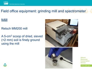 Field office equipment: grinding mill and spectrometer
Mill
Retsch MM200 mill
A 5-cm3 scoop of dried, sieved
(<2 mm) soil is finely ground
using the mill
 