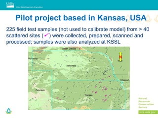 Pilot project based in Kansas, USA
225 field test samples (not used to calibrate model) from > 40
scattered sites ( ) were collected, prepared, scanned and
processed; samples were also analyzed at KSSL
N
 