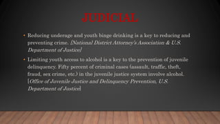 JUDICIAL
• Reducing underage and youth binge drinking is a key to reducing and
preventing crime. [National District Attorney’s Association & U.S.
Department of Justice]
• Limiting youth access to alcohol is a key to the prevention of juvenile
delinquency. Fifty percent of criminal cases (assault, traffic, theft,
fraud, sex crime, etc.) in the juvenile justice system involve alcohol.
[Office of Juvenile Justice and Delinquency Prevention, U.S.
Department of Justice]
 