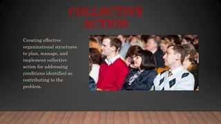 COLLECTIVE
ACTION
Creating effective
organizational structures
to plan, manage, and
implement collective
action for addressing
conditions identified as
contributing to the
problem.
 