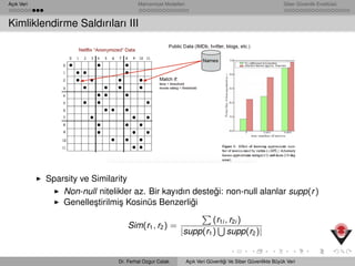 Açık Veri Mahremiyet Modelleri Siber Güvenlik Enstitüsü
Kimliklendirme Saldırıları III
Sparsity ve Similarity
Non-null nitelikler az. Bir kayıdın deste˘gi: non-null alanlar supp(r)
Genelle¸stirilmi¸s Kosinüs Benzerli˘gi
Sim(r1, r2) =
(r1i , r2i )
|supp(r1) supp(r2)|
Dr. Ferhat Ozgur Catak Açık Veri Güvenli˘gi Ve Siber Güvenlikte Büyük Veri
 
