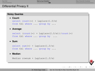 Açık Veri Mahremiyet Modelleri Siber Güvenlik Enstitüsü
Differential Privacy II
Noisy Queries
Count:
select count(*) + Laplace(1.0/e)
from tbl where ... group by ...
Average:
select (count(*) + Laplace(2.0/e))/count(*)
from tbl where ... group by ...
Sum:
select sum(*) + Laplace(1.0/e)
from tbl where ... group by ...
Median:
Median rownum + Laplace(1.0/e)
Dr. Ferhat Ozgur Catak Açık Veri Güvenli˘gi Ve Siber Güvenlikte Büyük Veri
 