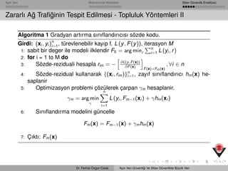 Açık Veri Mahremiyet Modelleri Siber Güvenlik Enstitüsü
Zararlı A˘g Traﬁ˘ginin Tespit Edilmesi - Topluluk Yöntemleri II
Algoritma 1 Gradyan artırma sınıﬂandırıcısı sözde kodu.
Girdi: (xi , yi )n
i=1, türevlenebilir kayıp f. L (y, F(y)), iterasyon M
1: sabit bir deger ile modeli ilklendir F0 = arg minr
n
i=1 L (yi , r)
2: for i = 1 to M do
3: Sözde-reziduali hesapla rim = − ∂L(y,F(x))
∂F(x)
F(x)=Fm(x)
, ∀i ∈ n
4: Sözde-rezidual kullanarak {(xi , rim)}n
i=1, zayıf sınıﬂandırıcı hm(x) he-
saplanir
5: Optimizasyon problemi çözülerek çarpan γm hesaplanir.
γm = arg min
γ
n
i=1
L (yi , Fm−1(xi ) + γhm(xi )
6: Sınıﬂandırma modelini güncelle
Fm(x) = Fm−1(x) + γmhm(x)
7: Çıktı: Fm(x)
Dr. Ferhat Ozgur Catak Açık Veri Güvenli˘gi Ve Siber Güvenlikte Büyük Veri
 
