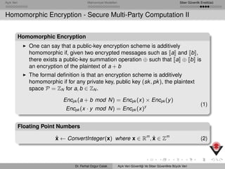 Açık Veri Mahremiyet Modelleri Siber Güvenlik Enstitüsü
Homomorphic Encryption - Secure Multi-Party Computation II
Homomorphic Encryption
One can say that a public-key encryption scheme is additively
homomorphic if, given two encrypted messages such as a and b ,
there exists a public-key summation operation ⊕ such that a ⊕ b is
an encryption of the plaintext of a + b
The formal deﬁnition is that an encryption scheme is additively
homomorphic if for any private key, public key (sk, pk), the plaintext
space P = ZN for a, b ∈ ZN .
Encpk (a + b mod N) = Encpk (x) × Encpk (y)
Encpk (x · y mod N) = Encpk (x)y (1)
Floating Point Numbers
ˆx ← ConvertInteger(x) where x ∈ Rm
, ˆx ∈ Zm
(2)
Dr. Ferhat Ozgur Catak Açık Veri Güvenli˘gi Ve Siber Güvenlikte Büyük Veri
 