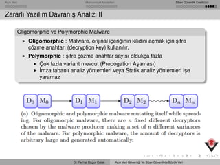 Açık Veri Mahremiyet Modelleri Siber Güvenlik Enstitüsü
Zararlı Yazılım Davranı¸s Analizi II
Oligomorphic ve Polymorphic Malware
Oligomorphic : Malware, orijinal içeri˘ginin kilidini açmak için ¸sifre
çözme anahtarı (decryption key) kullanılır.
Polymorphic : ¸sifre çözme anahtar sayısı oldukça fazla
Çok fazla variant mevcut (Propogation A¸saması)
˙Imza tabanlı analiz yöntemleri veya Statik analiz yöntemleri i¸se
yaramaz
Dr. Ferhat Ozgur Catak Açık Veri Güvenli˘gi Ve Siber Güvenlikte Büyük Veri
 
