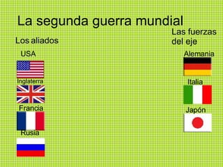 La segunda guerra mundial Los   aliados Inglaterra Francia Rusia Las fuerzas del eje Alemania Italia Japón USA 