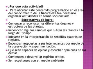  ¿Por qué esta actividad? 
 Para abordar este contenido programático en el área 
del conocimiento de la Naturaleza fue necesario 
organizar actividades en forma secuenciada. 
 Expectativas de logro: 
 Comenzar a reconocer los diferentes órganos y 
estructura de las plantas. 
 Reconocer algunos cambios que sufren las plantas a lo 
largo del tiempo. 
 Iniciarse en la interpretación de sencillos cuadros de 
registro. 
 Encontrar respuestas a sus interrogantes por medio de 
la observación y experimentación. 
 Que sean capaces de opinar y escuchar opiniones de los 
demás. 
 Comiencen a desarrollar espíritu crítico. 
 Ser respetuosos con el medio ambiente 
 