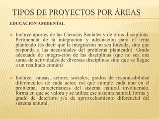 TIPOS DE PROYECTOS POR ÁREAS
EDUCACIÓN AMBIENTAL

   Incluye aportes de las Ciencias Sociales y de otras disciplinas.
    Pertinencia de la integración y adecuación para el tema
    planteado (es decir que la integración no sea forzada, sino que
    responda a las necesidades del problema planteado). Grado
    adecuado de integra-ción de las disciplinas (que no sea una
    suma de actividades de diversas disciplinas sino que se llegue
    a un resultado común)

   Incluye: causas, actores sociales, grados de responsabilidad
    diferenciales de cada actor, rol que cumple cada uno en el
    problema, características del sistema natural involucrado,
    forma en que se valora y se utiliza ese sistema natural, forma y
    grado de deterioro y/o de aprovechamiento diferencial del
    sistema natural.
 