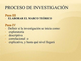 PROCESO DE INVESTIGACIÓN
Paso III
   ELABORAR EL MARCO TEÓRICO

Paso IV
 Definir si la investigación se inicia como:
 exploratoria
 descriptiva
 correlacional o
 explicativa, y hasta qué nivel llegará
 