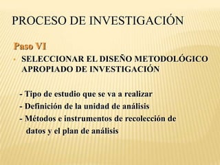 PROCESO DE INVESTIGACIÓN

Paso VI
   SELECCIONAR EL DISEÑO METODOLÓGICO
    APROPIADO DE INVESTIGACIÓN

    - Tipo de estudio que se va a realizar
    - Definición de la unidad de análisis
    - Métodos e instrumentos de recolección de
      datos y el plan de análisis
 