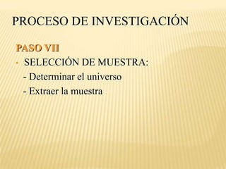 PROCESO DE INVESTIGACIÓN

PASO VII
 SELECCIÓN DE MUESTRA:

  - Determinar el universo
  - Extraer la muestra
 
