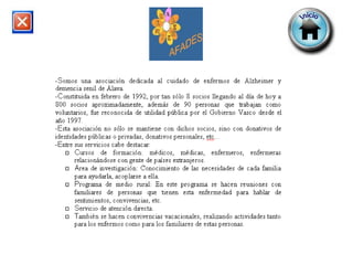 Fisioterapia ACTIVIDADES  •  Biblioteca y videoteca •  Grupos de ayuda mutua. •  Jornadas de sensibilizacion •  Revista informativa •  Grupos de encuentro y trabajo: Gimnasia adaptada, taller de relajacion •  Programa de ocio y tiempo libre: Excursiones, fiesta de navidad •  Cursos de afrontamiento de la enfermedad 