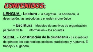 LENGUA - Lectura – La biografía. La narración, la
descripción, las anécdotas y el orden cronológico
- Escritura – Modelos de archivos de organización
personal de la información – los apuntes
SOCIAL - Construcción de la ciudadanía -La identidad
de género: los estereotipos sociales, tradiciones y rupturas. El
trabajo y el género.