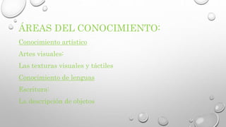 ÁREAS DEL CONOCIMIENTO: 
Conocimiento artístico 
Artes visuales: 
Las texturas visuales y táctiles 
Conocimiento de lenguas 
Escritura: 
La descripción de objetos 
 