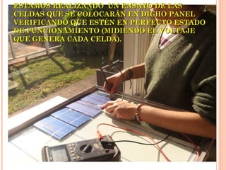 ESTAMOS REALIZANDO UN ENSAYO DE LAS
CELDAS QUE SE COLOCARÁN EN DICHO PANEL
VERIFICANDO QUE ESTÉN EN PERFECTO ESTADO
DE FUNCIONAMIENTO (MIDIENDO EL VOLTAJE
QUE GENERA CADA CELDA).

 