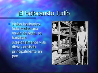 El Holocausto Judío <ul><li>Vivían hacinados. Solo tenían una muda de ropa; se bañaban ocasionalmente y su dieta consistía...