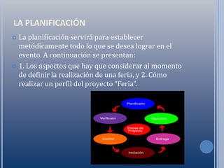 LA PLANIFICACIÓN
 La planificación servirá para establecer
  metódicamente todo lo que se desea lograr en el
  evento. A continuación se presentan:
 1. Los aspectos que hay que considerar al momento
  de definir la realización de una feria, y 2. Cómo
  realizar un perfil del proyecto “Feria”.
 