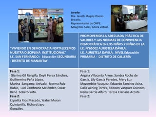 Jurado:
                                            Dra. Janeth Magaly Osorio
                                            Briceño.
                                            Representante de ONPE.
                                            Milagritos Salas, tutora virtual.

                                                    PROMOVEMOS LA ADECUADA PRÁCTICA DE
                                                    VALORES Y LAS NORMAS DE CONVIVENCIA
                                                    DEMOCRÁTICA EN LOS NIÑOS Y NIÑAS DE LA
“VIVIENDO EN DEMOCRACIA FORTALECEMOS                I.E. N°65002 AURISTELA DÁVILA.
NUESTRA DISCIPLINA INSTITUCIONAL”                   I.E. AURISTELA DAVILA . NIVEL Educación
I.E. SAN FERNANDO : Educación SECUNDARIA            PRIMARIA - DISTRITO DE CALLERÍA
- DISTRITO DE MANANTAY

Fase 1:                                             Fase 1:
Gianina Gil Rengifo, Deyli Perea Sánchez,           Angela Villacorta Arrue, Sandra Rocha de
Guillermina Peña López,                             García, Lily García Paredes, Mery Luz
Marina Sangama Arévalo, Norma Ruiz                  Mozombite Vasquez, Eduardo Sanchez Acha,
Rubio, Lucí Zambrano Meléndez, Oscar                Dalia Aching Torres, Edinson Vasquez Grandes,
René Sobero Soto.                                   Nena García Alfaro, Teresa Clariana Acosta.
Fase 2:                                             Fase 2:
Llipolita Ríos Macedo, Ysabel Moran
Quintanilla, Richard Jayo
Gonzáles.
 