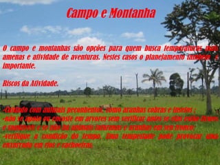 Campo e Montanha O campo e montanhas são opções para quem busca temperaturas mais amenas e atividade de aventuras. Nestes casos o planejamento também  é importante.  Riscos da Atividade. -Cuidado com animais peçonhentos, como aranhas cobras e insetos ; -não se apoio ou encoste em arvores sem verificar antes se elas estão firmes e saudáveis e se não há animais taturanas e aranhas em seu tronco; -verifique a condição do tempo. Uma tempestade pode provocar uma enxurrada em rios e cachoeiras.  