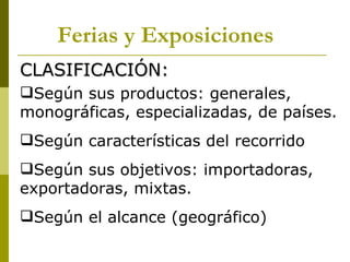 Ferias y Exposiciones
CLASIFICACIÓN:
Según sus productos: generales,
monográficas, especializadas, de países.
Según características del recorrido
Según sus objetivos: importadoras,
exportadoras, mixtas.
Según el alcance (geográfico)
 
