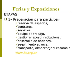 Ferias y Exposiciones
ETAPAS:
 3- Preparación para participar:
      reserva de espacios,
      contratos,
      servicios,
      equipo de trabajo,
      gestionar apoyo institucional,
      desarrollo de acciones,
      seguimiento avance,
      transporte, almacenaje y ensamble
      www.fit.org.ar
 