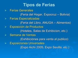 Tipos de Ferias Ferias Generales (Feria del Hogar, Expocruz – Bolivia) Ferias Especializadas   (Feria del Libro, ANUGA – Alimentos) Exposición de Productos   (Hoteles, Salas de Exhibicion, etc.) Semana de Ventas   (Exhibiciónes para venta al publico) Exposiciones Universales   (Expo Aichi 2005, Expo Sevilla, etc.) 