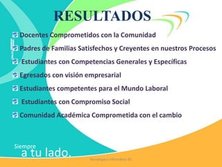 Siempre
a tu lado.
RESULTADOS
Docentes Comprometidos con la Comunidad
Padres de Familias Satisfechos y Creyentes en nuestros Procesos
Estudiantes con Competencias Generales y Específicas
Egresados con visión empresarial
Estudiantes competentes para el Mundo Laboral
Estudiantes con Compromiso Social
Comunidad Académica Comprometida con el cambio
Tecnología e Informática IEC
 