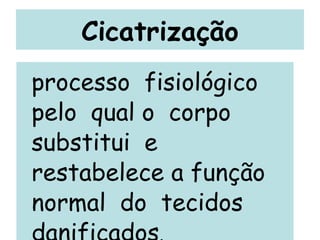Cicatrização processo  fisiológico pelo  qual o  corpo  substitui  e  restabelece a função  normal  do  tecidos danificados . 