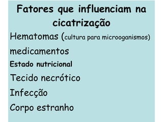 Fatores que influenciam na cicatrização Hematomas ( cultura para microoganismos) medicamentos Estado nutricional Tecido necrótico Infecção Corpo estranho 