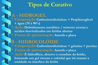 Tipos de Curativo A - HIDROGEL Composição:  Carboximetilcelulose + Propilenoglicol  + água (70 à 90%) Ação:  Debridamento autolítico / remover crostas e  tecidos desvitalizados em feridas abertas Forma de apresentação:  Amorfo e placa B - HIDROCOLÓIDE Composição:  Carboximetilcelulose + gelatina + pectina Forma de apresentação:  Amorfo e placa Ação:  É hidrofílico, absorve o exsudato da ferida,  formando um gel viscoso e coloidal que irá manter a  umidade na interface da ferida 