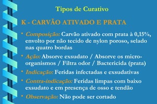 K - CARVÃO ATIVADO E PRATA Composição:  Carvão ativado com prata à 0,15%,  envolto por não tecido de nylon poroso, selado  nas quatro bordas Ação:  Absorve exsudato / Absorve os micro- organismos / Filtra odor / Bactericida (prata) Indicação:  Feridas infectadas e exsudativas Contra-indicação:  Feridas limpas com baixo  exsudato e em presença de osso e tendão Observação:  Não pode ser cortado Tipos de Curativo 
